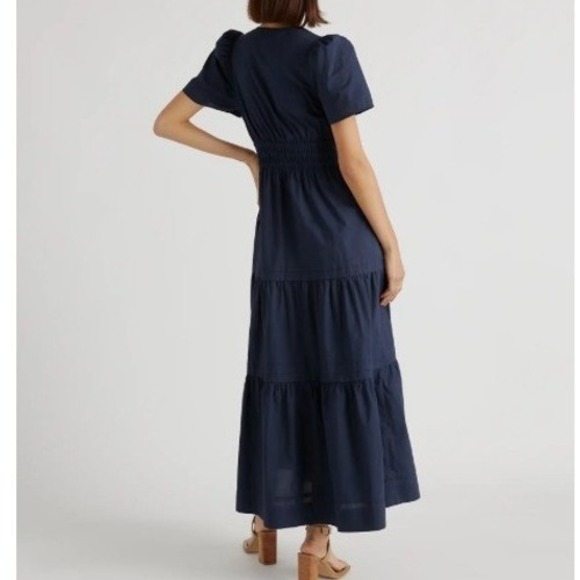 Quince 100% Organic Cotton Poplin Tiered Maxi Dress Women's L Navy Smocked Boho - Picture 3 of 14